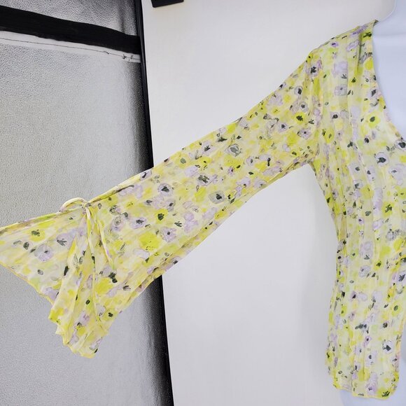 NWT H&M Yellow Floral Tie Sheer Fairy Top Shirt Small Spring Y2K Whimsigoth Flow - Picture 2 of 10
